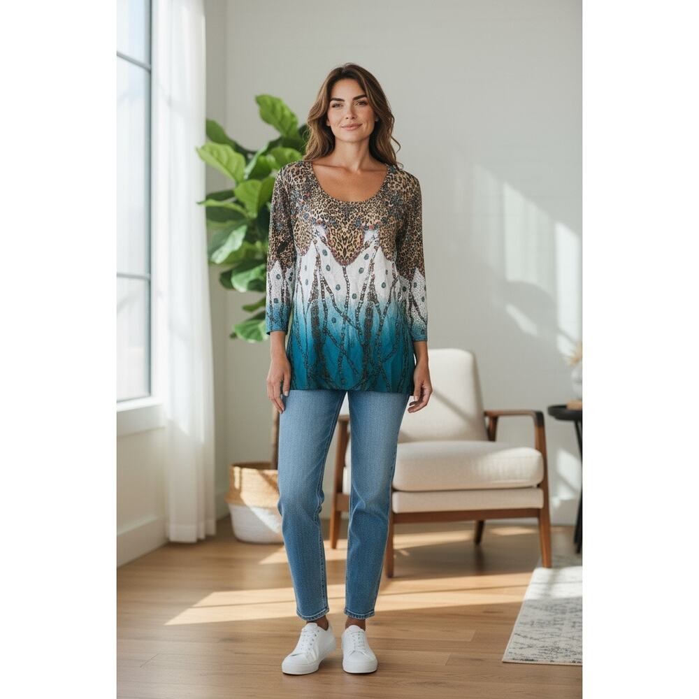 Alberto Makali Casual Rhinestone 3/4 Sleeve Liteweight Crochet Sweater Top